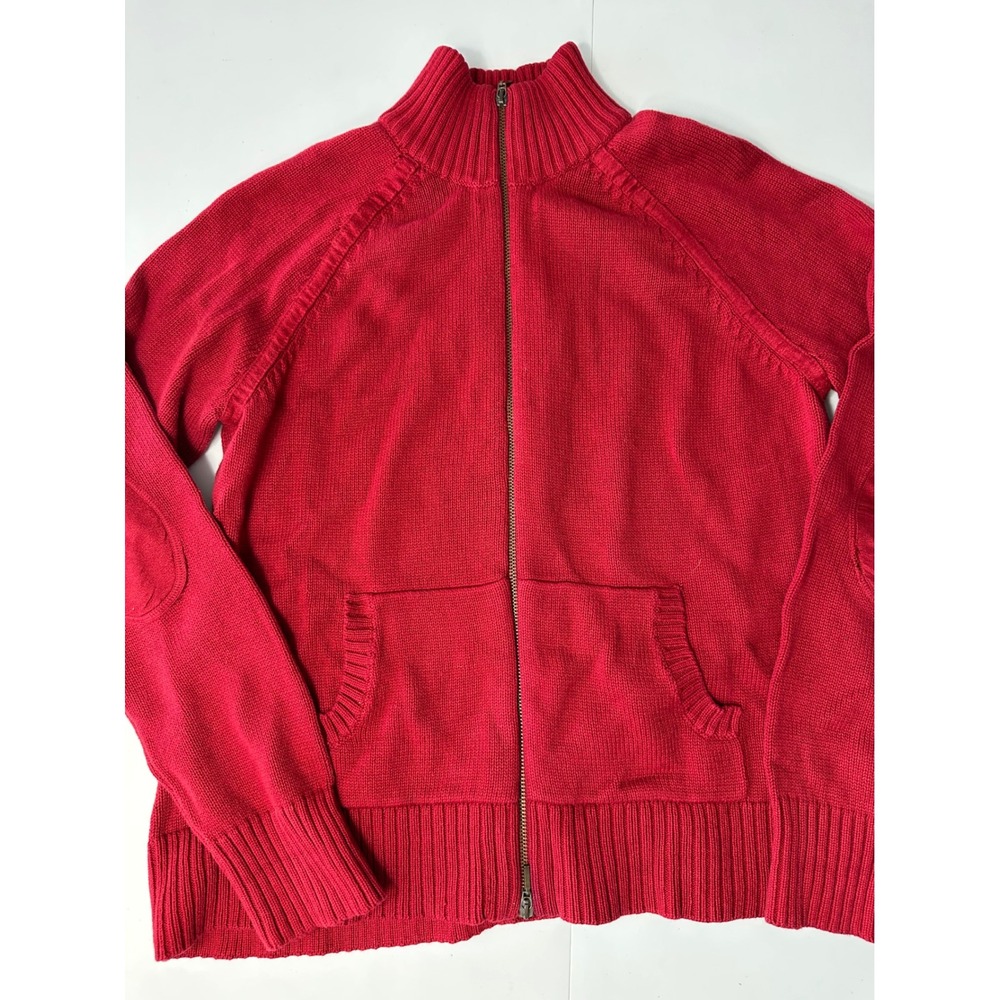 RuffHewn Mens Red Full Zip Cotton Cardigan Sweater Elbow Patches Mock Neck L